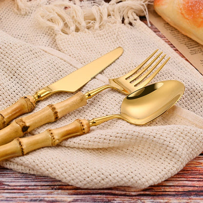Natural Bamboo Handle Cutlery Set Stainless Steel Tableware Set