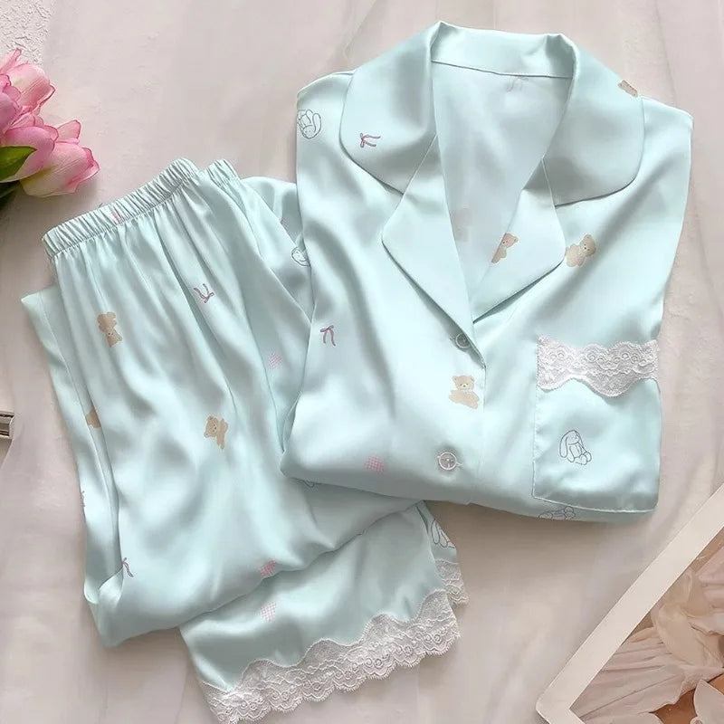 Bear Print  Cool Ice Silk Short Sleeve Cardigan Lace Fall Plus Size Pajama Sets