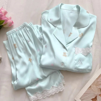 Bear Print  Cool Ice Silk Short Sleeve Cardigan Lace Fall Plus Size Pajama Sets