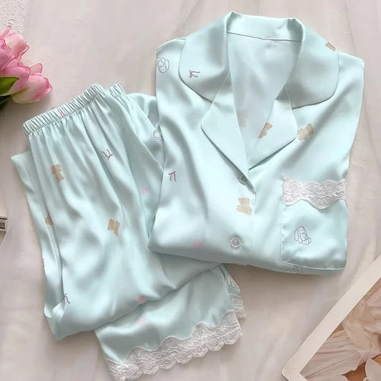 Bear Print  Cool Ice Silk Short Sleeve Cardigan Lace Fall Plus Size Pajama Sets