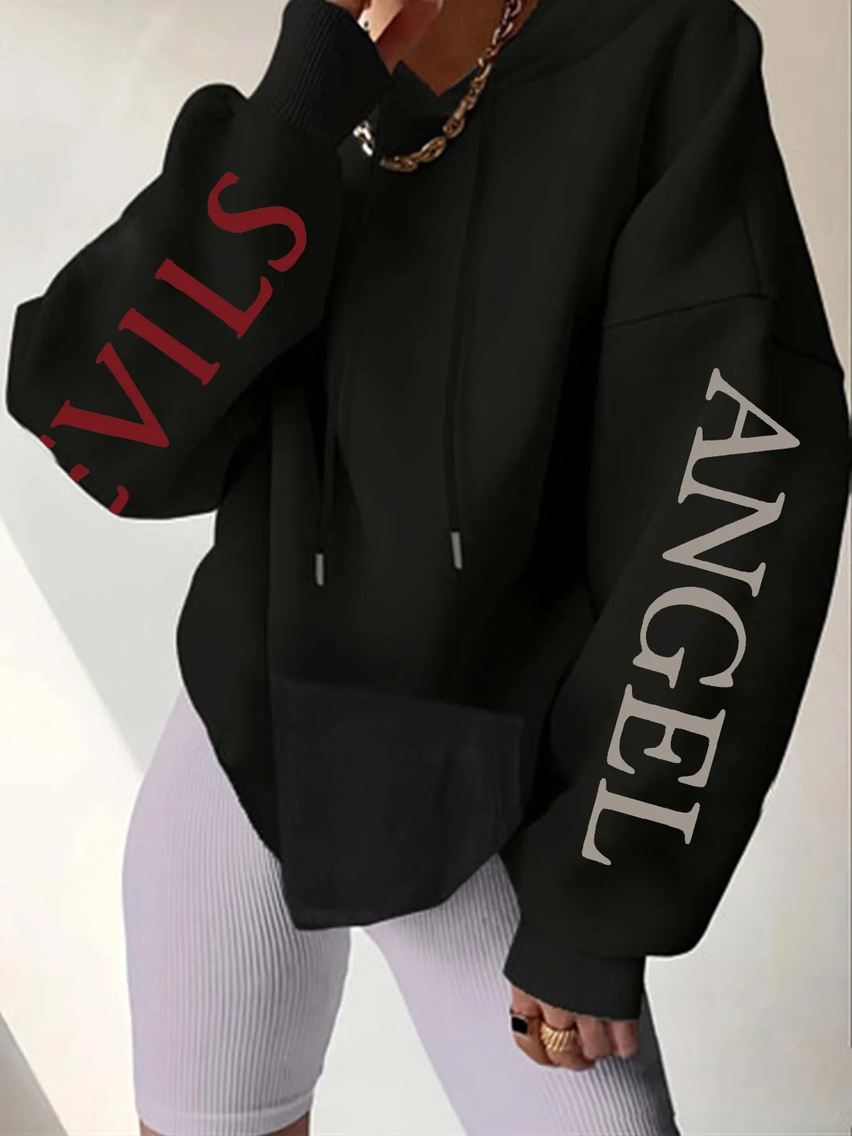 Plus-size Hooded Gothic Angel and Demon Pattern Fleece Oversized Streetwear