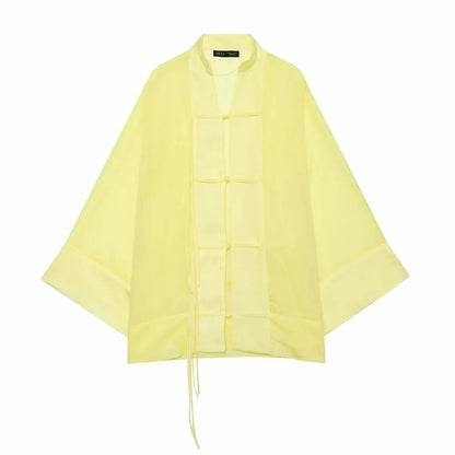 Elegant Loose Long Sleeve Casual See Through Thin Top Blouse
