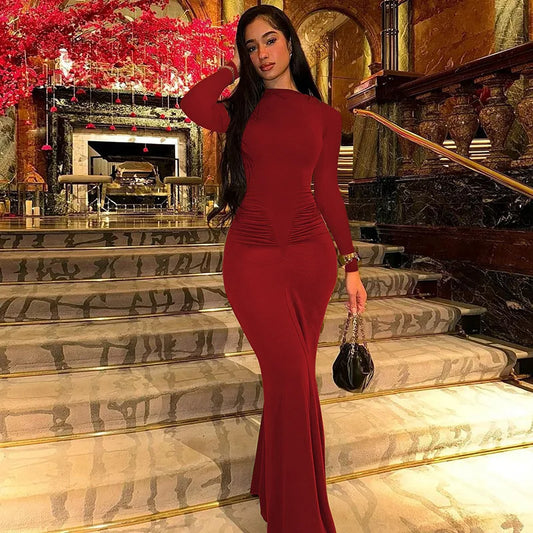 Long Sleeve Draped Sexy Maxi Prom Dress