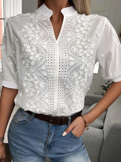 Floral Lace V Neck Casual Chic Short Sleeve Blouse