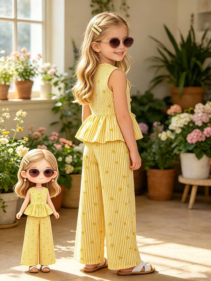 Yellow Vertical Stripe Bow Print V Neck Sleeveless Peplum Set