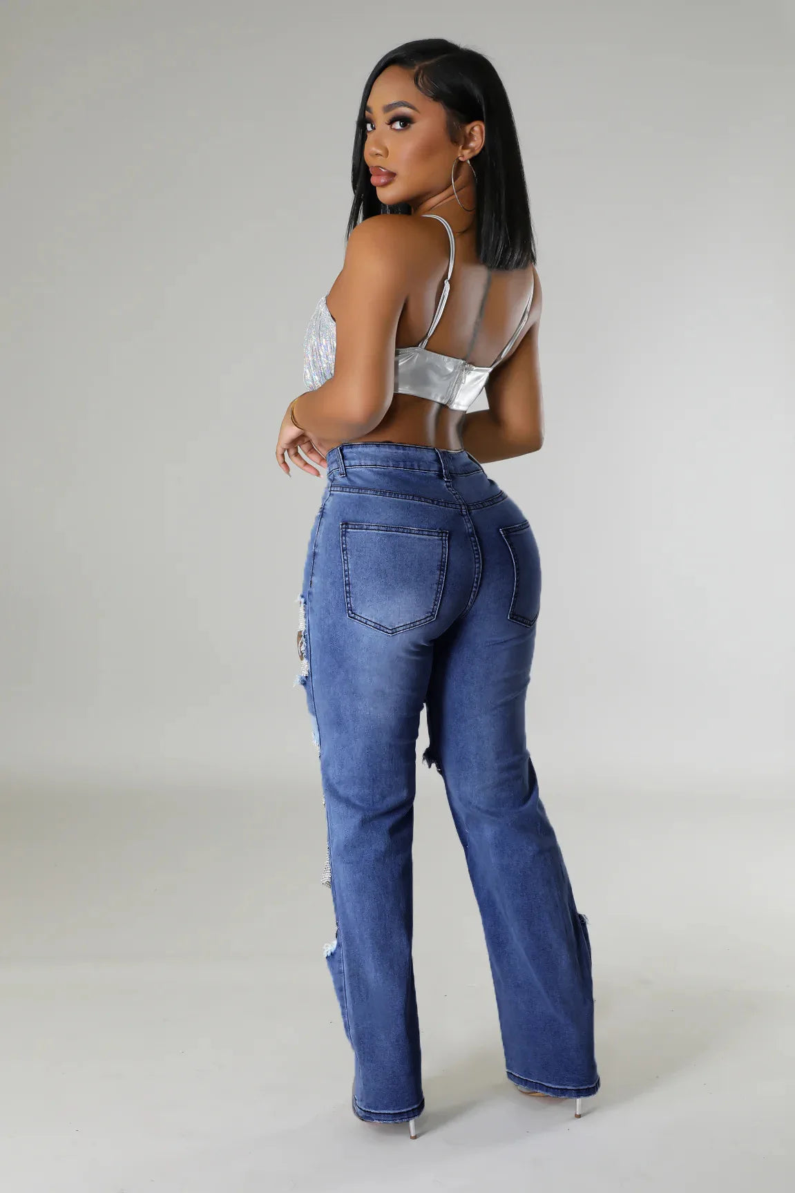 Ripped Straight Diamonds Chain Stretch High Waist Jeans Pants