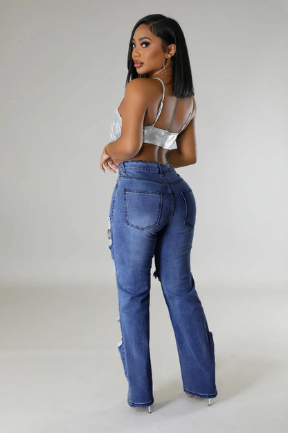 Ripped Straight Diamonds Chain Stretch High Waist Jeans Pants