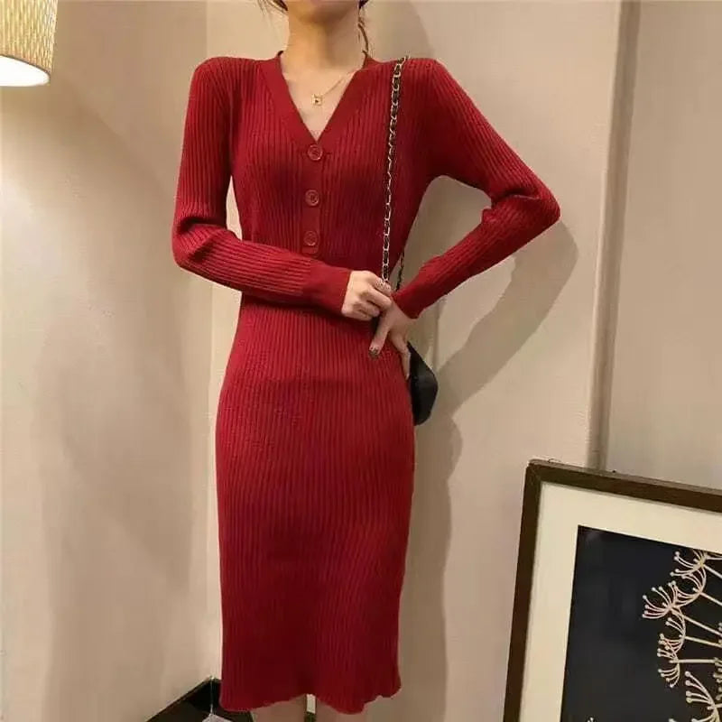 Elegant Long Slim Sweater Elastic Waist Hip Bottoming Korean Bodycon Dress
