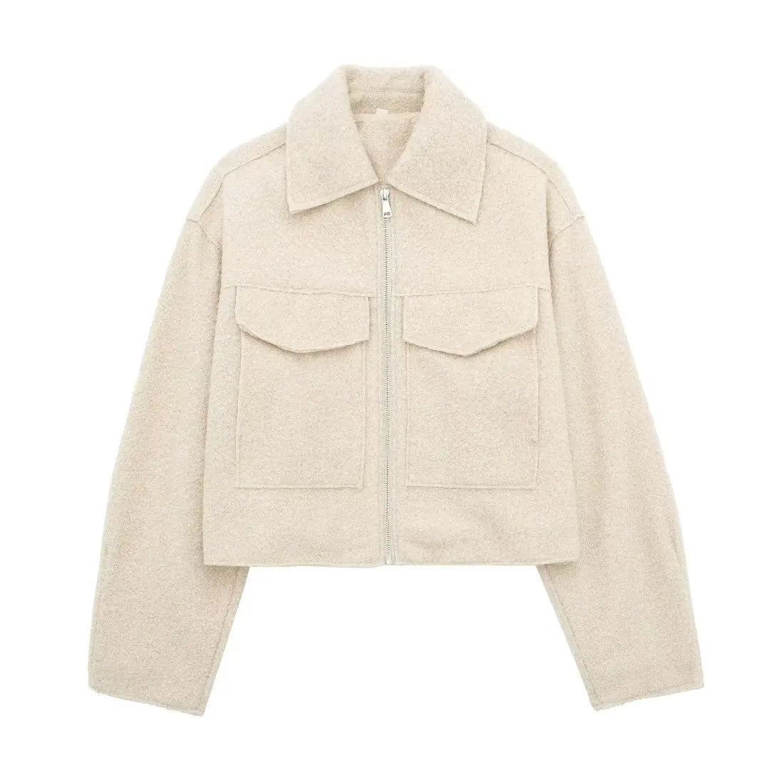 Grey Front Zipper Vintage Lapel Neck Long Sleeves Chic Jacket