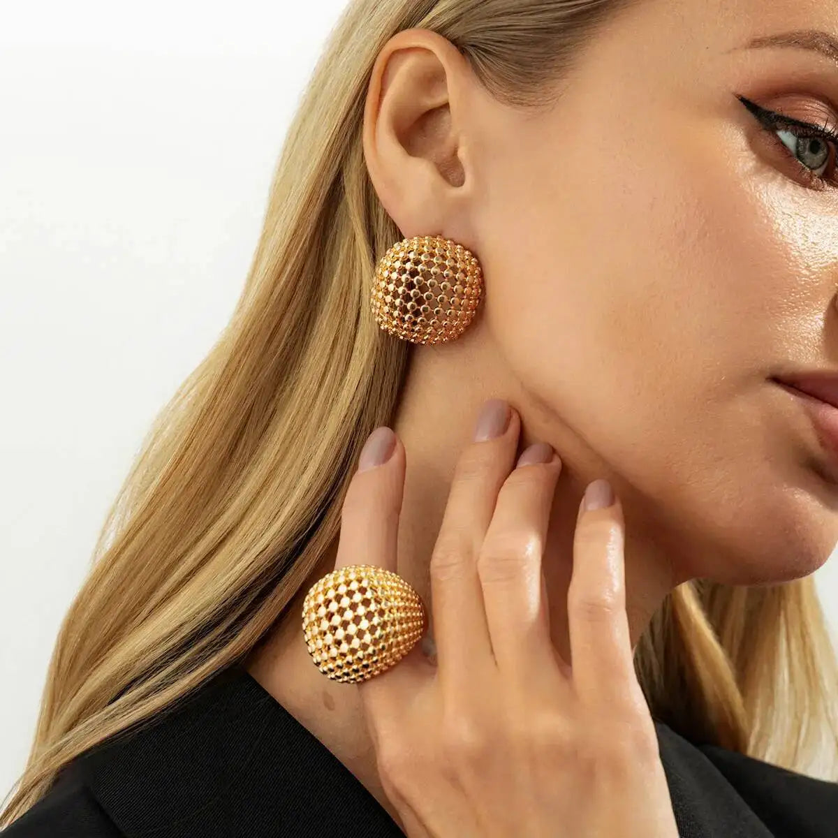 Elegant Gold Geometric Stud Earrings Ring Retro Square Round Earrings Knuckle Set
