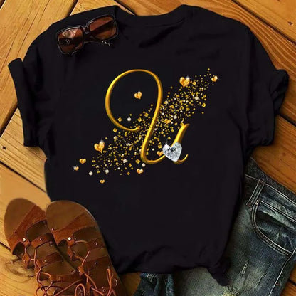Custom Letter Combination Diamond Gold Letter T-shirt