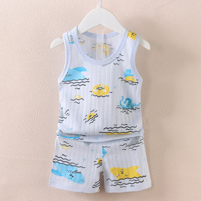 Cartoon Thin Style Sleeveless Baby Pajamas Set