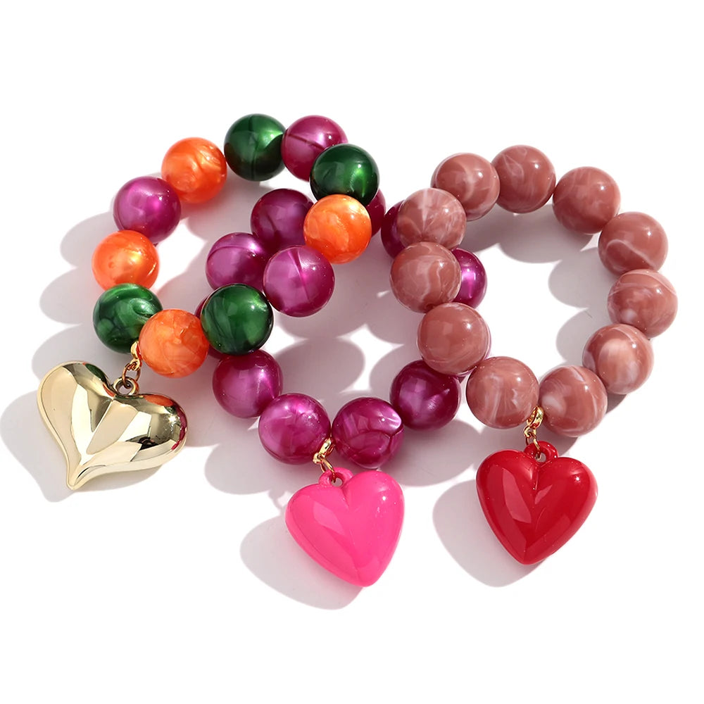 Boho Colorful Round Beads Heart Pendant Elastic Bracelets