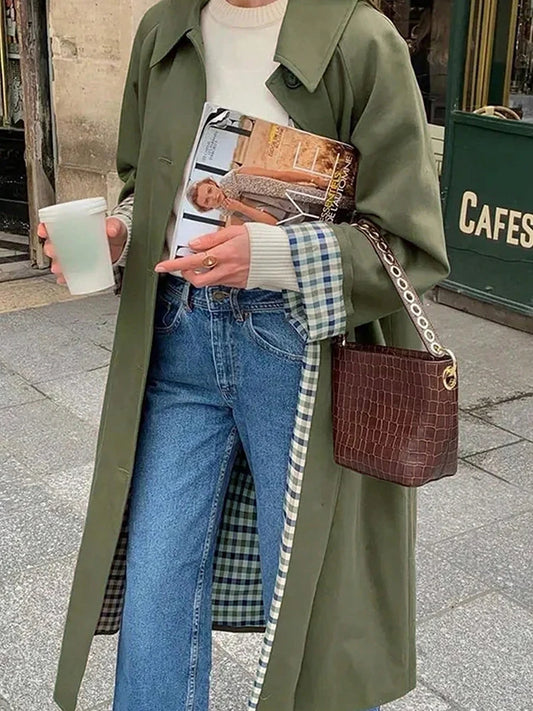 Plaid Lining Solid Trench Coat Single Breasted Long Sleeve Jacket
