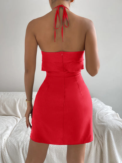 Hanging Neck Sexy Ruffled Edge Dress