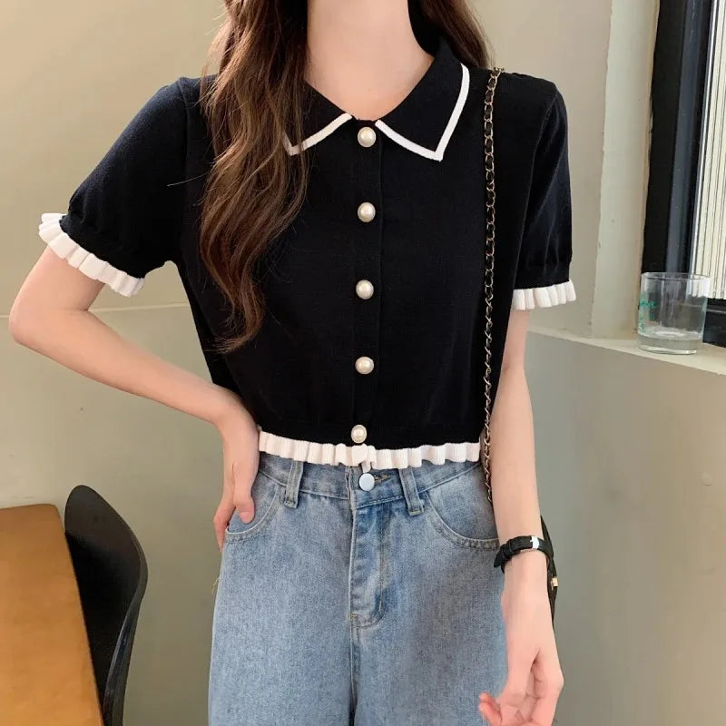 Korean Knitted Turn Down Collar Blouse