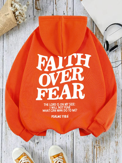 Casual Hoodies Faith Over Fear Letter Printing Sweatshirts Pocket Pullovers