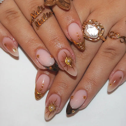 24Pcs Gilded 3D Flower Press on Nails Black French Leopard Print False Nails