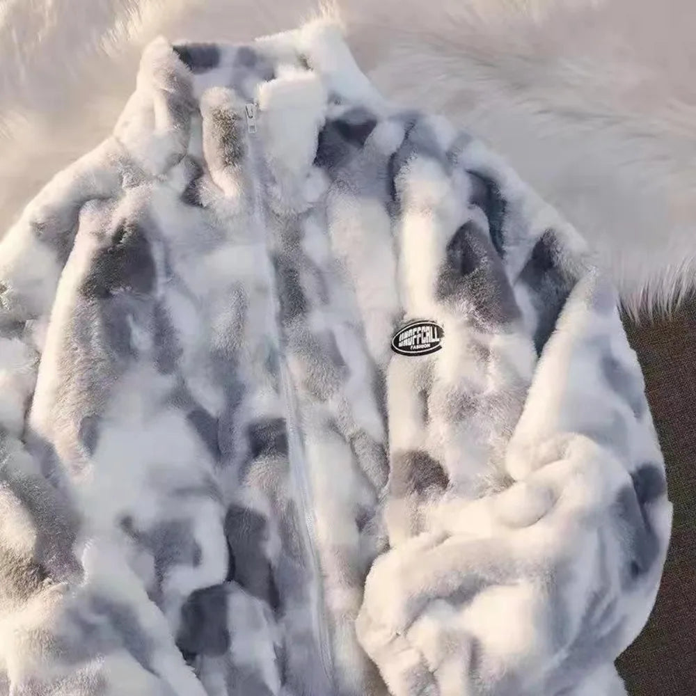 Tie Dye Lamb Fleece Harajuku Casual Loose Thick Coat Jacket