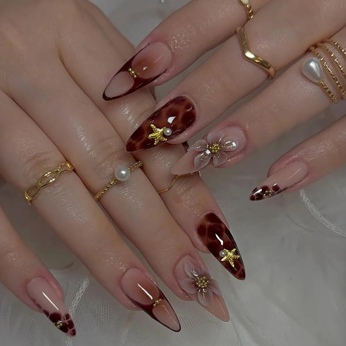 24Pcs Gilded 3D Flower Press on Nails Black French Leopard Print False Nails
