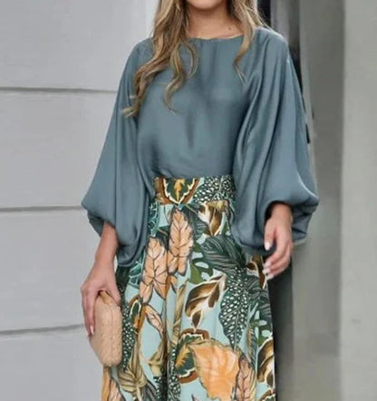 Autumn Solid Long Sleeve T-shirts & Digital Print Wide Leg Pants Set