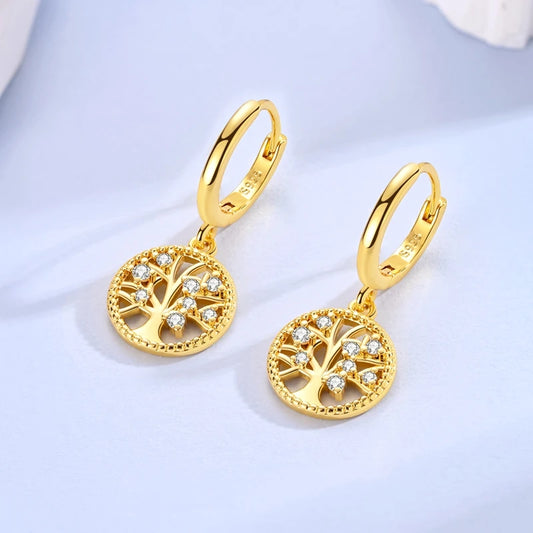 925 Sterling Silver Sparkling Gold Plated Tree of Life Hoop Earring