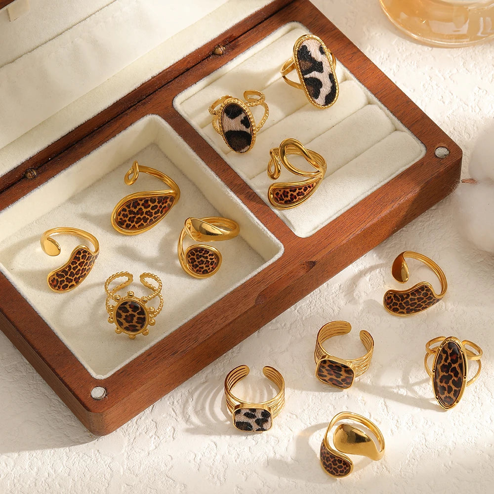 Stainless Steel Retro Geometric Leopard Pattern Adjustable 18K Gold Rings