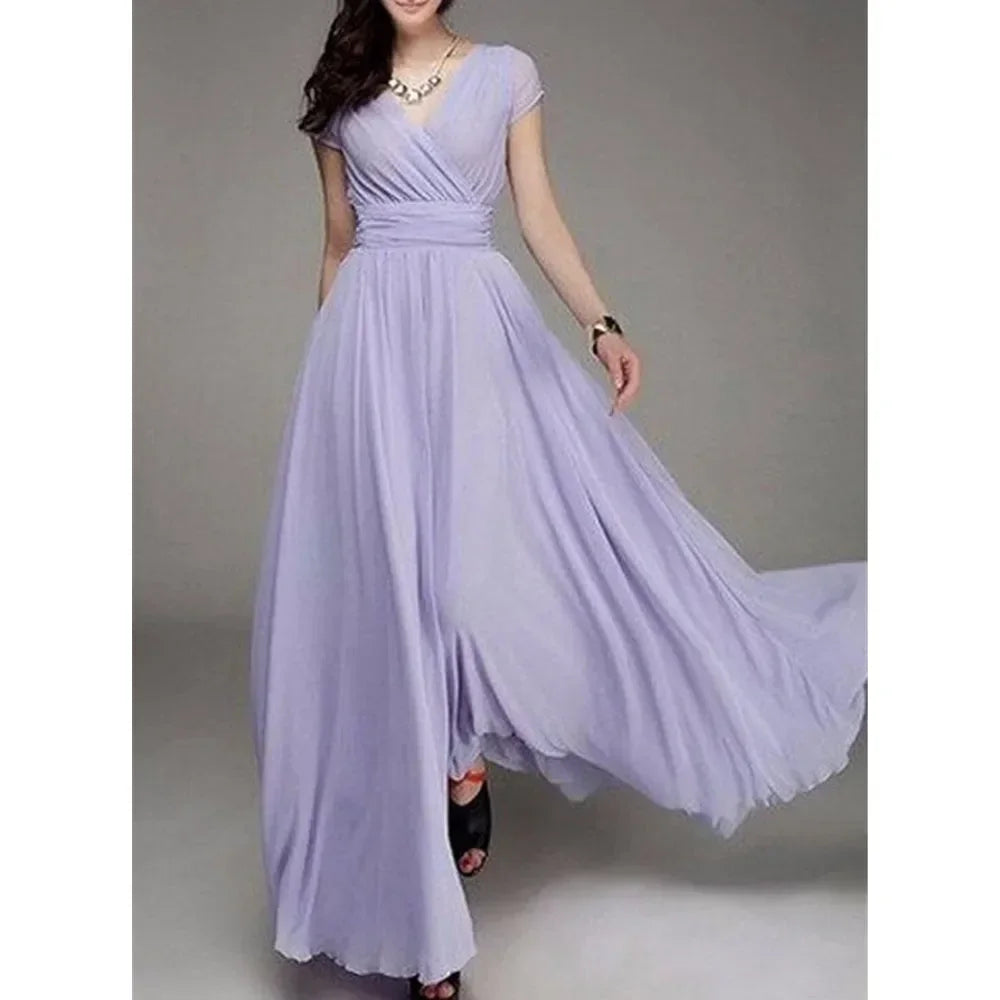 Short Sleeve Long Cocktail Chiffon High Waist Dresses