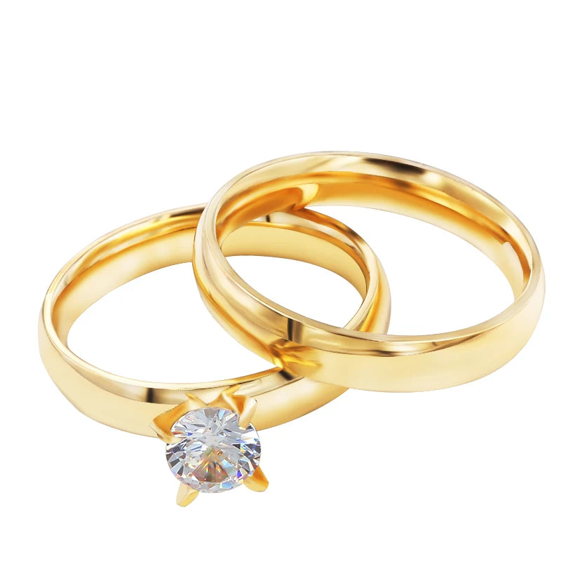 Zircon 4MM Charm Stainless Steel Gold Couple Rings Set