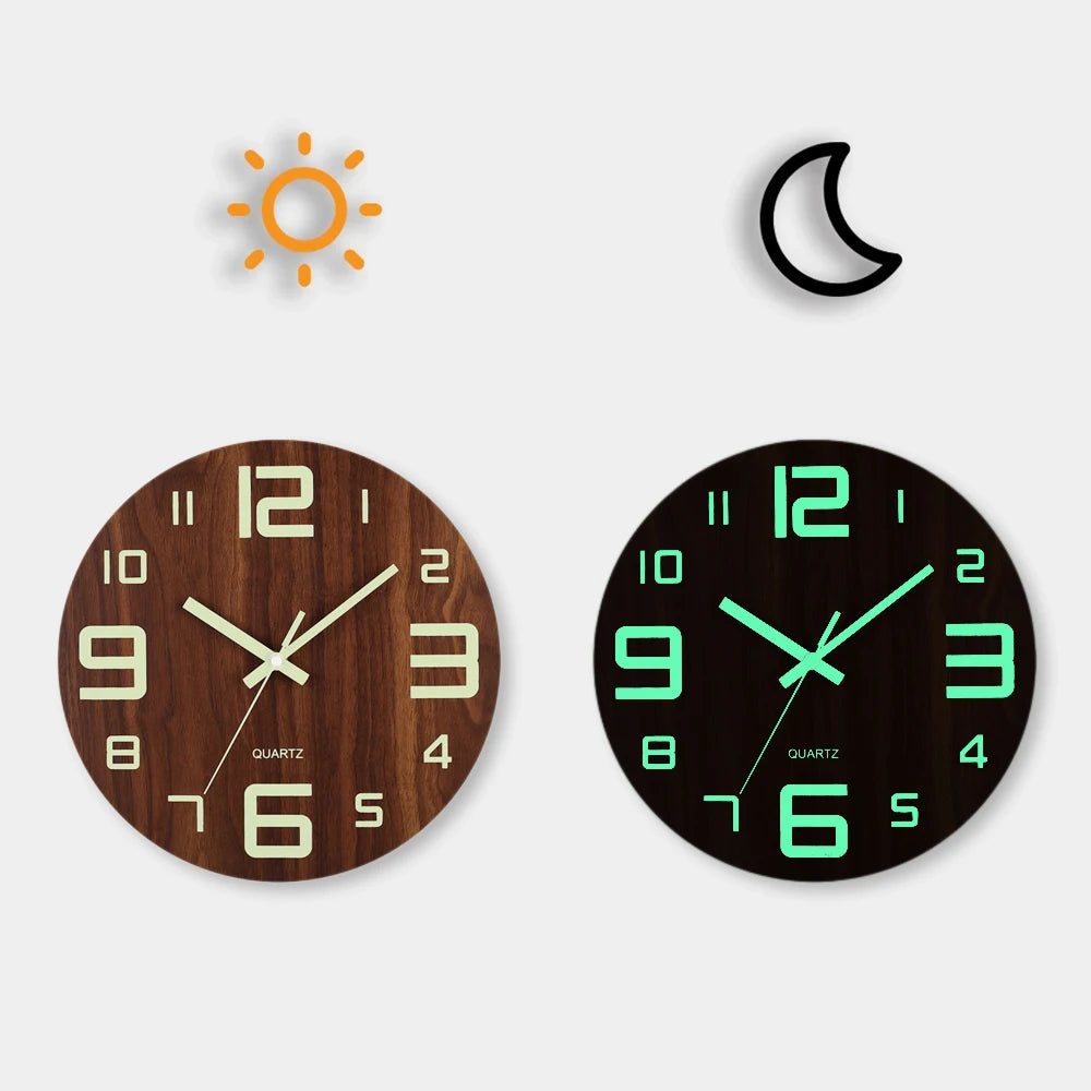 12 Inch Luminous Wall Clock Wood Silent light in dark