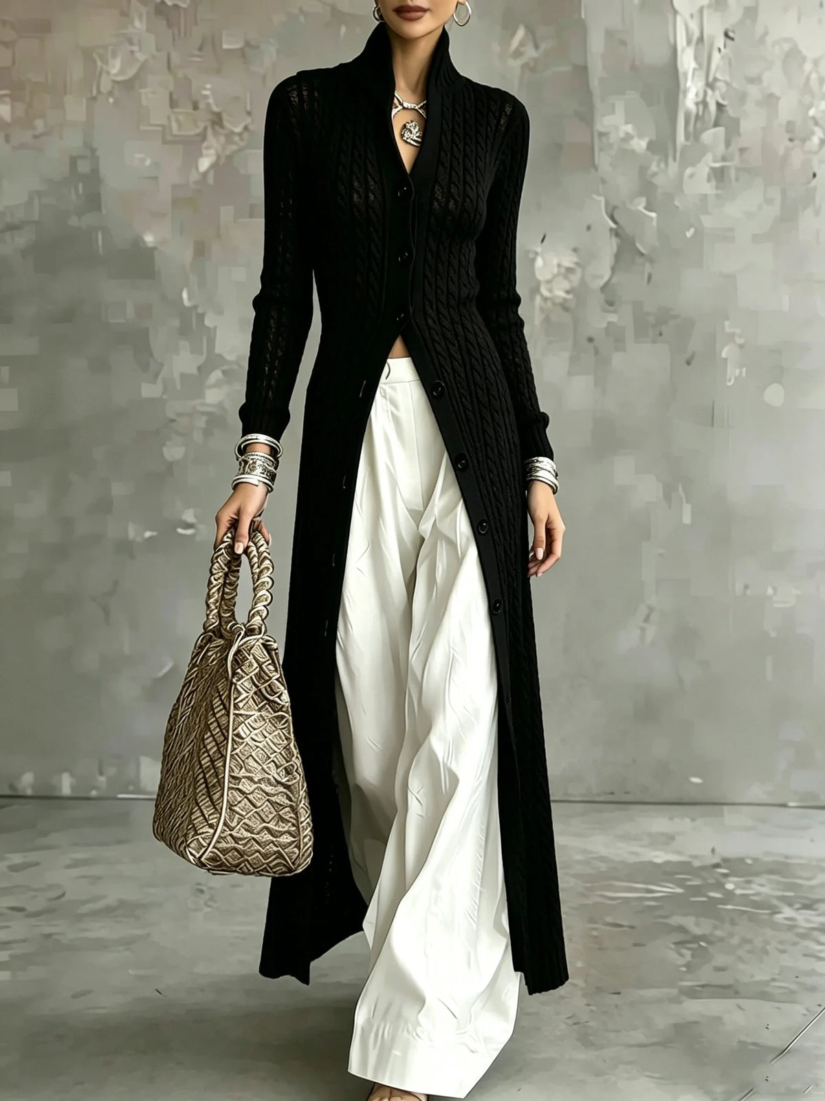 Long Black Knit Cardigan Autumn Winter High Neck Open Front Oversized Jumper