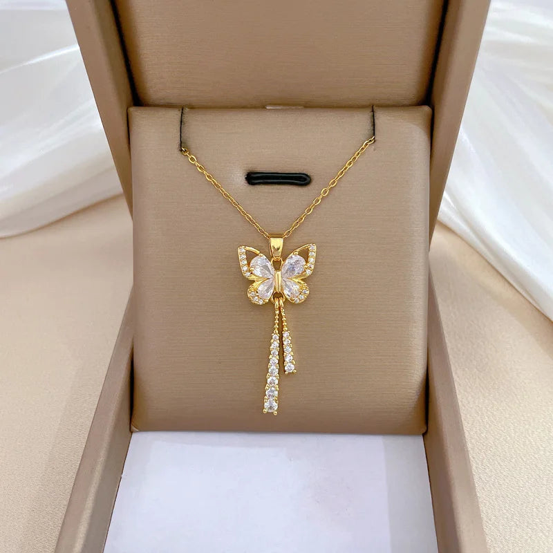 Zircon Butterfly Tassel Necklace Flower Choker Jewelry