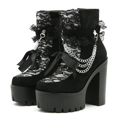 Gothic Lace Ankle Chunky Heel Side Zipper with Chain Platform Goth Boots