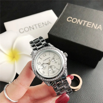 Luxury Stainless Steel Rhinestone Quartz Wristwatch