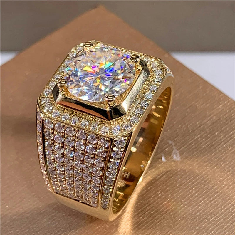 Shining White Zircon Round Stone Vintage Gold Ring Male