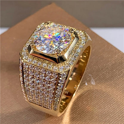 Shining White Zircon Round Stone Vintage Gold Ring Male