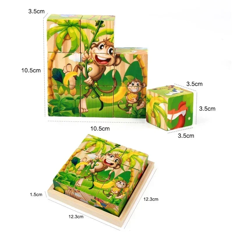 3D cube Wooden puzzle nine pieces six-sided wooden block tray
