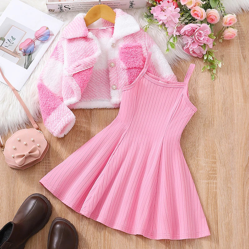 Autumn And Winter Middle Casual Sweet Hairy Coat&Strap Dress Set