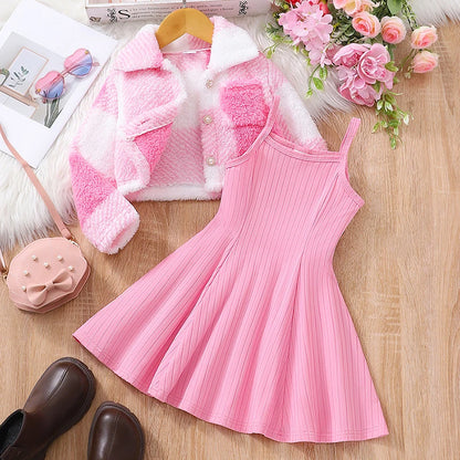 Autumn And Winter Middle Casual Sweet Hairy Coat&Strap Dress Set