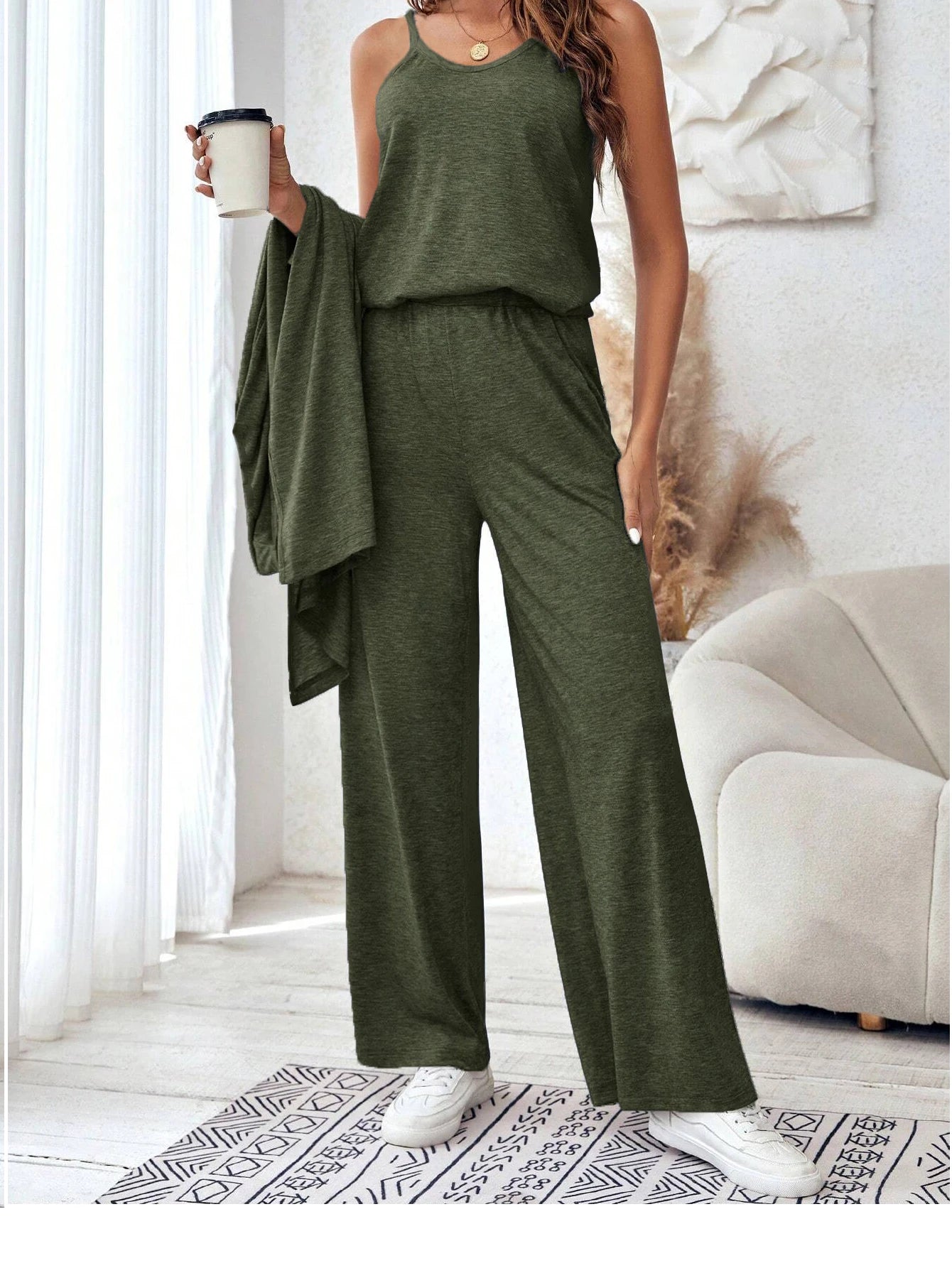 Casual loose three piece vest pants cardigan three piece set