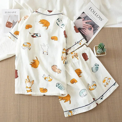 Japanese 100% Cotton Gauze Thin Short-sleeved Shorts Cute Cat Cartoon Pajama Set