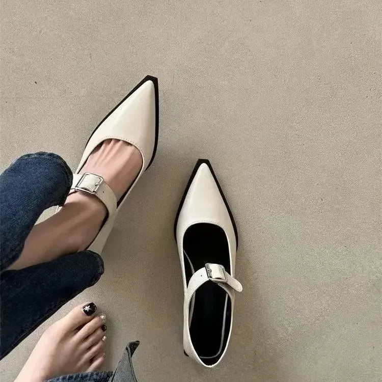 Mary Jane Belt Buckle Medium Heel Small Leather Shoes