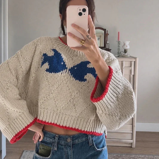 Bow Jacquard Cropped Knit Sweater Wide Long Sleeve Crew Neck Loose Chunky Knit Pullover