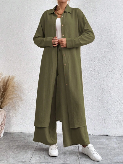 French Style Casual Long Sleeve Loose Fit Lapel Collar and Wide Leg Pants