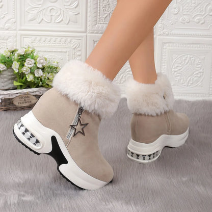 Winter Casual High Heels Thickened Fluff Wedge Platform Snow Boots