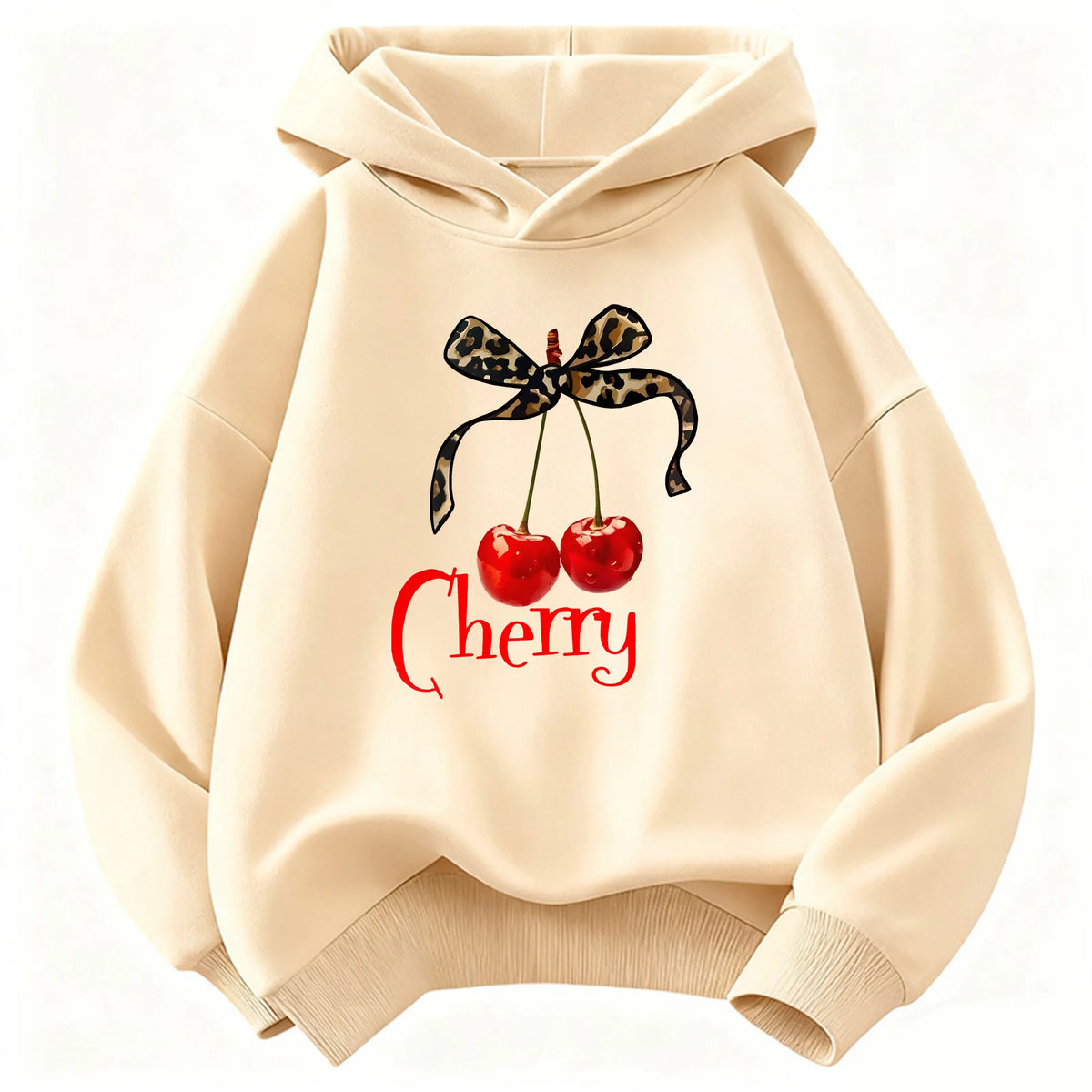 Leopard Bow with Cherry Print Hoodie Sweatshirt Y2k Hoody
