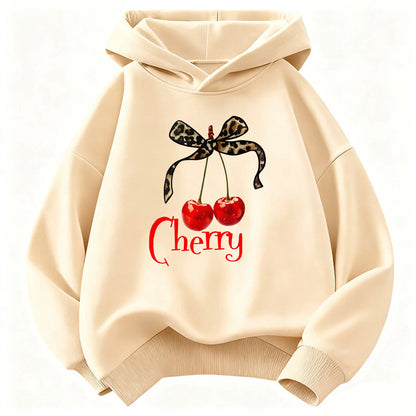 Leopard Bow with Cherry Print Hoodie Sweatshirt Y2k Hoody