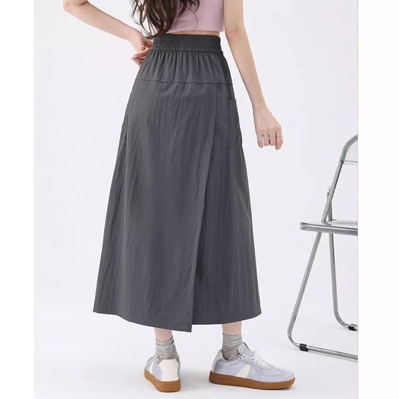 Loose Fit Thin Pants High Waist Slit Korean Midi Cargo skirt