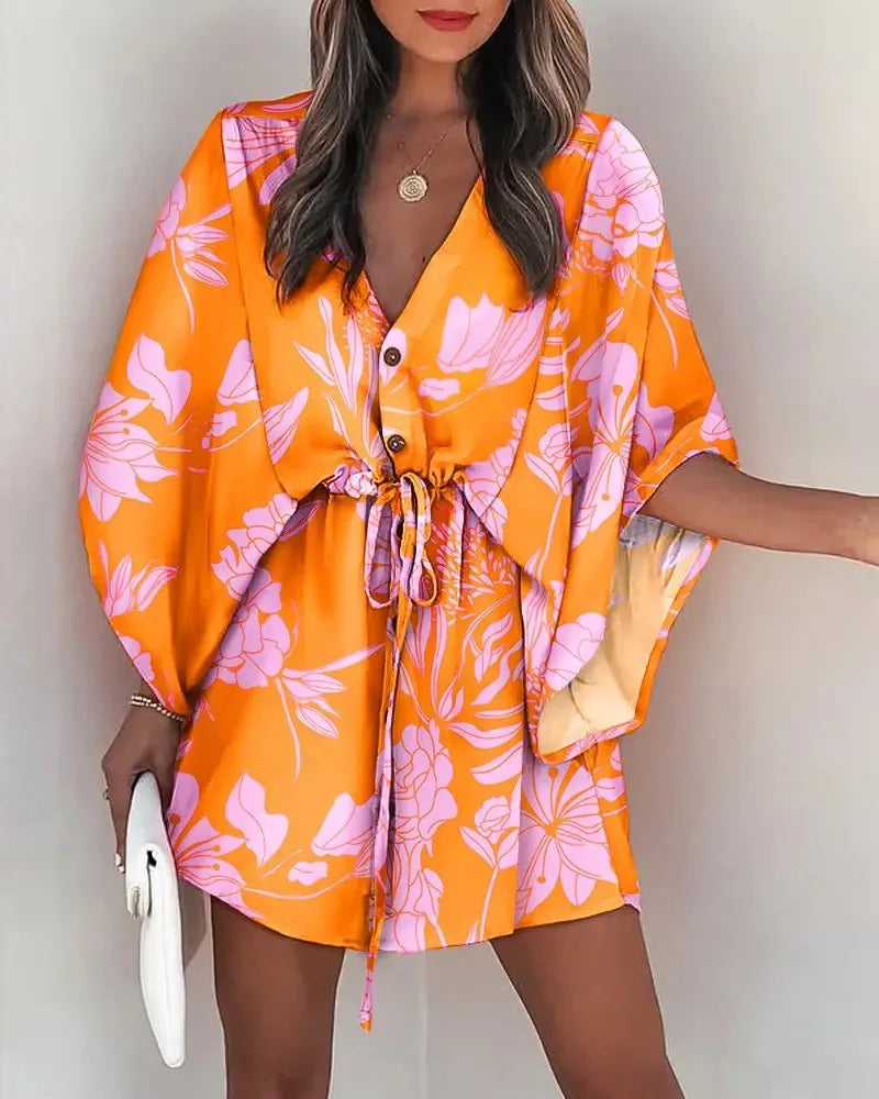 Floral Print Bat Half-Sleeve Dress