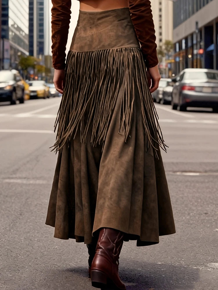 Ethnic Elegant Solid Tassel Slim Fit Midi Skirt